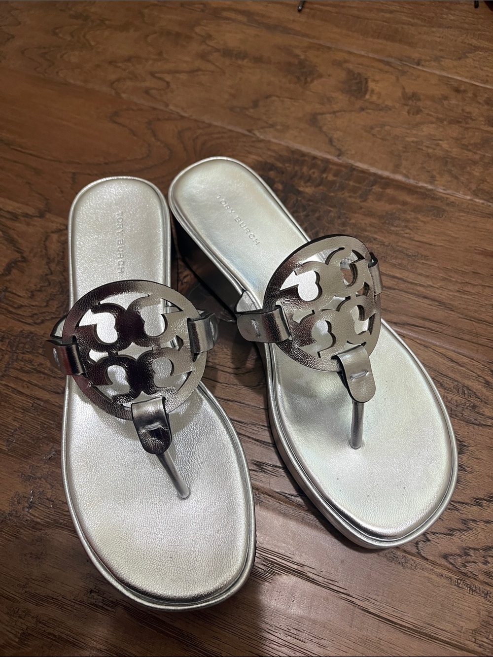 Tory Burch Metallic Silver Logo Thong Sandals
